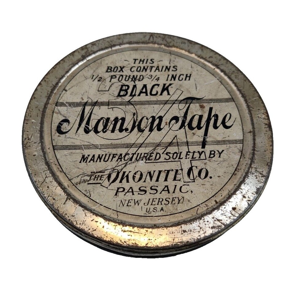 Vintage Black Manson Tape  3/4” Metal Tin The Okonite Company Passaic, NJ